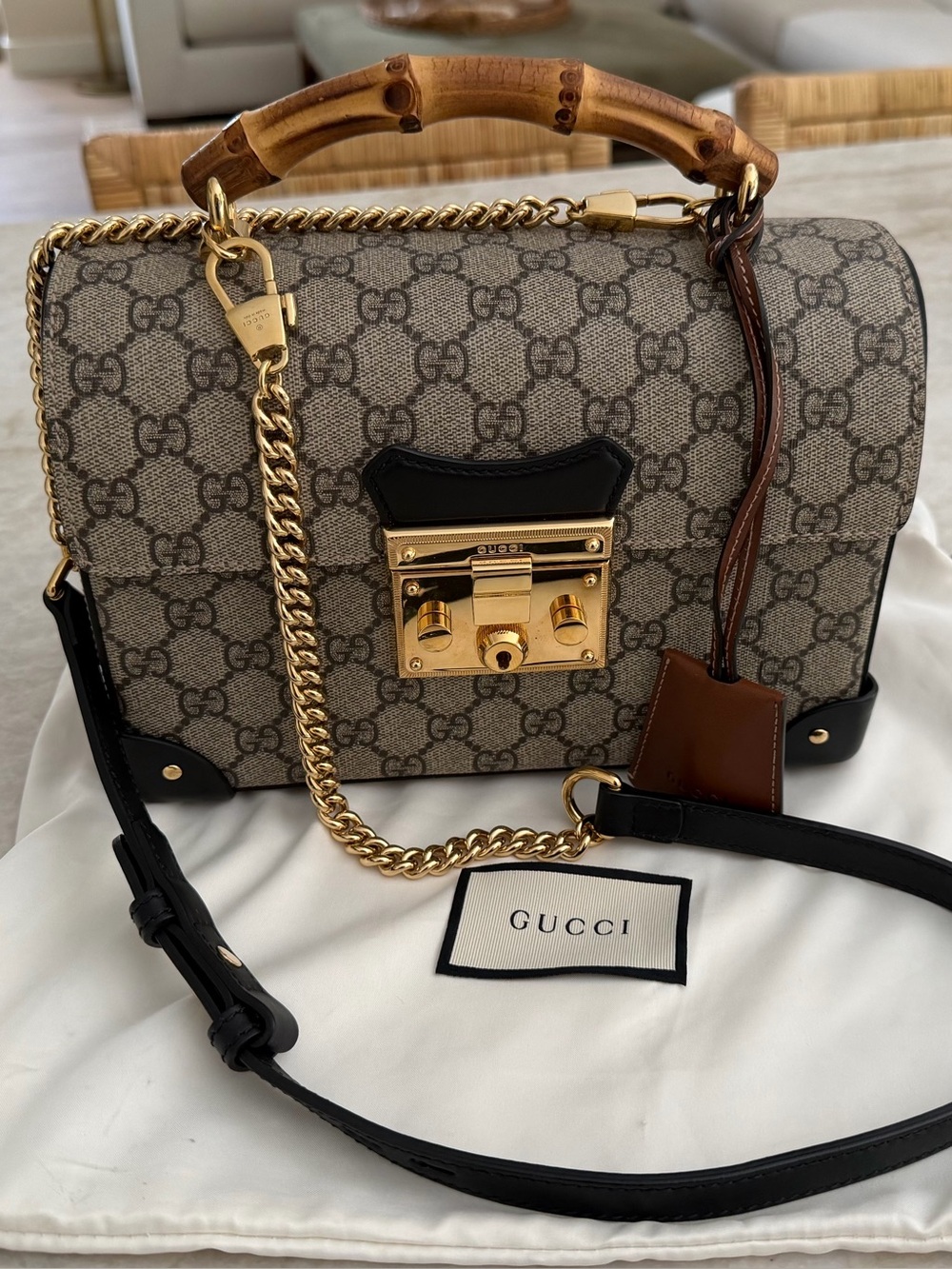 Gucci Bamboo Top Handle GG Supreme Satchel in Beige and Black